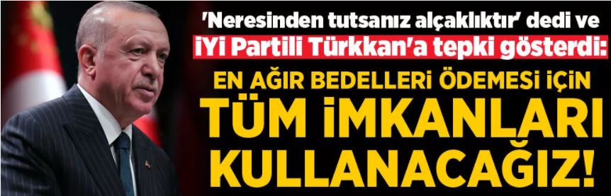 Erdoğan'dan İYİ Partili Türkkan'a sert tepki: En ağır bedelleri ödemesi için tüm imkanları kullanacağız