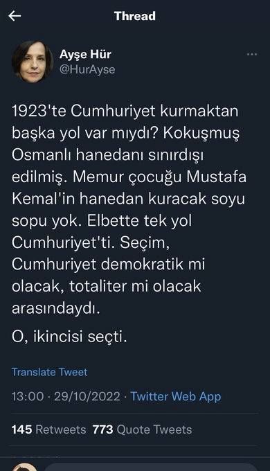 Ayşe Hür yine Atatürk'e alçakça saldırdı