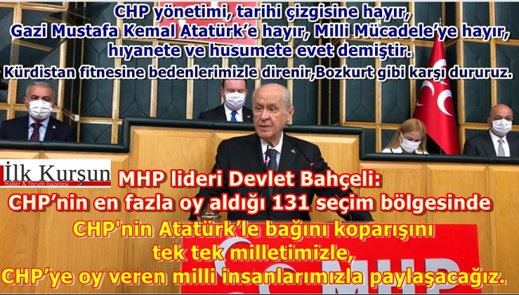 MHP lideri Devlet Bahçeli: CHP yönetimi, tarihi çizgisine hayır,  Atatürk’e hayır, Milli Mücadele’ye hayır,  hıyanete ve husumete evet demiştir.