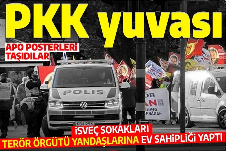 Terör örgütü PKK/YPG yandaşları İsveç sokaklarında: Teröristbaşı APO'nun posterini açarak İsveç Meclisine kadar yürüdüler