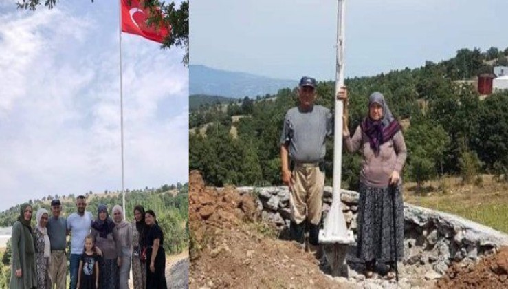 Gurbetçiden köyüne dev Türk bayrağı