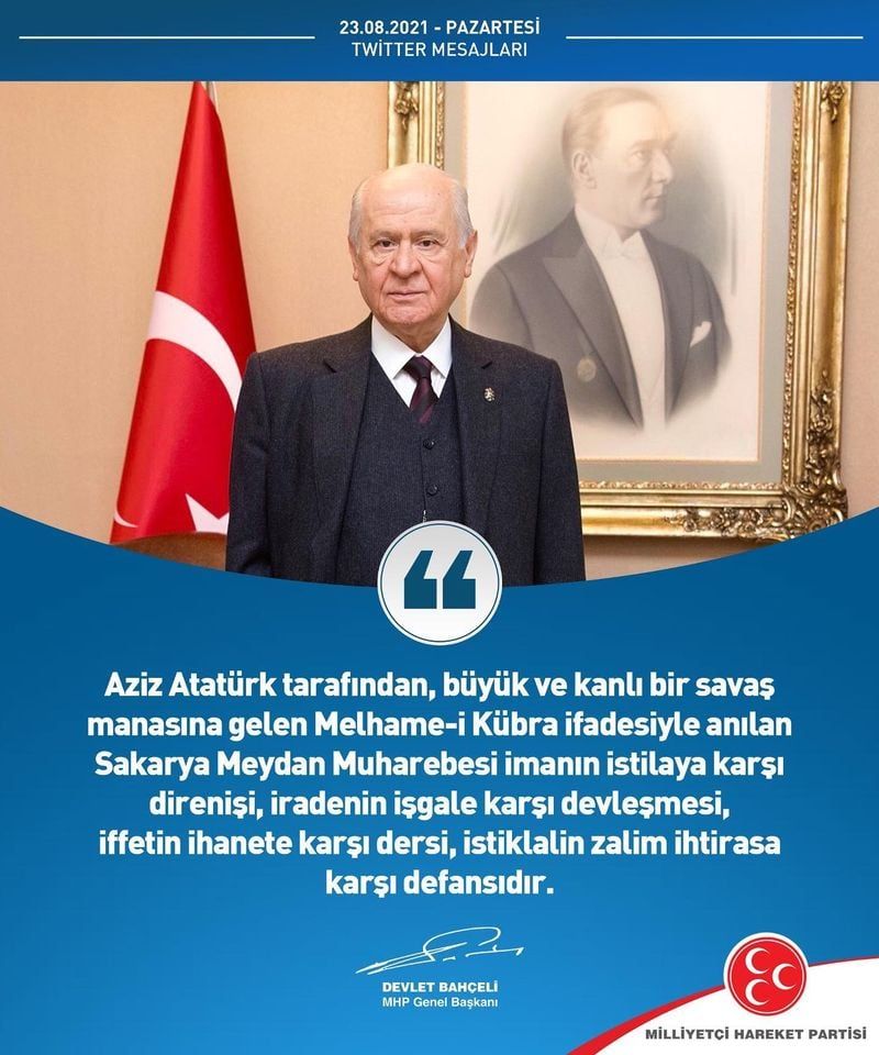 MHP Lideri Devlet Bahçeli:  Sakarya “Ya İstiklal Ya Ölüm” seslenişinin beyanıdır.