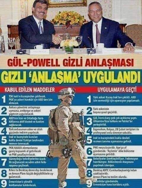 Abdullah Gül'ün  Amerikan Dışişleri Bakanı   Colin POWELL ile İmzaladığı  2 sayfa 9 maddelik Gizli Anlaşma