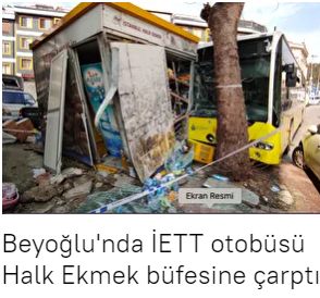 Beyoğlu'nda İETT otobüsü Halk Ekmek büfesine çarptı